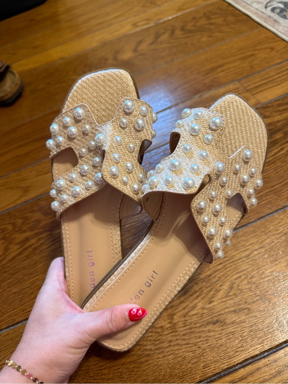 MADDEN GIRL Beaded Pearl Embellished Straw Slide Sandals - Beige - Picture 3 of 4